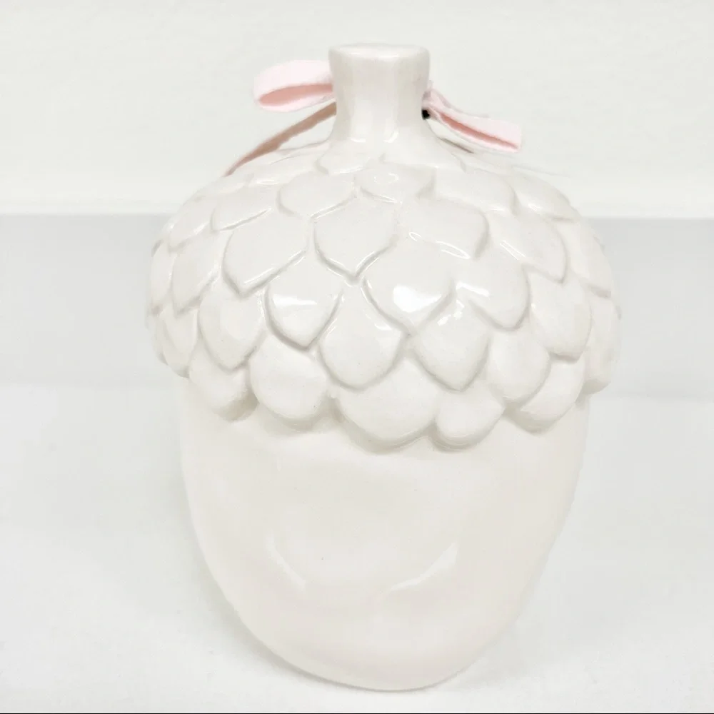 Rae Dunn NEST Acorn Glazed Ceramic Birdhouse w/ Pink Ribbon Autumn Fall Decor